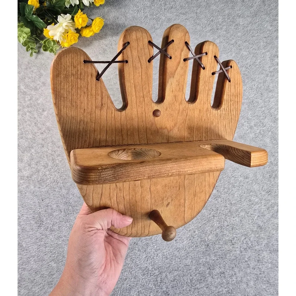 Y2K Wood Baseball Glove Wall Shelf Bat Mitt Holder Brown Sports Decor Rustic